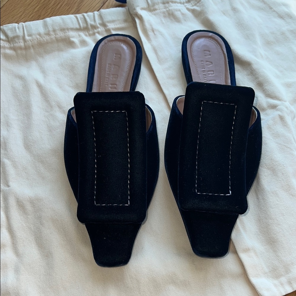 Marni Black Mules with Square Toe and Decorative Panel